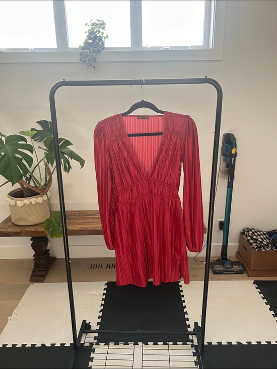 Zara Dresses & Skirts - Red Pleated Long-Sleeve V-Neck Mini Dress